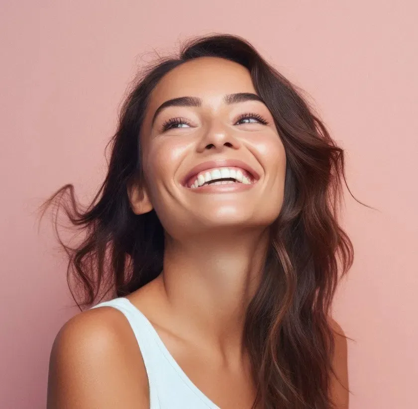 a woman smiling with her hair blowing in the wind