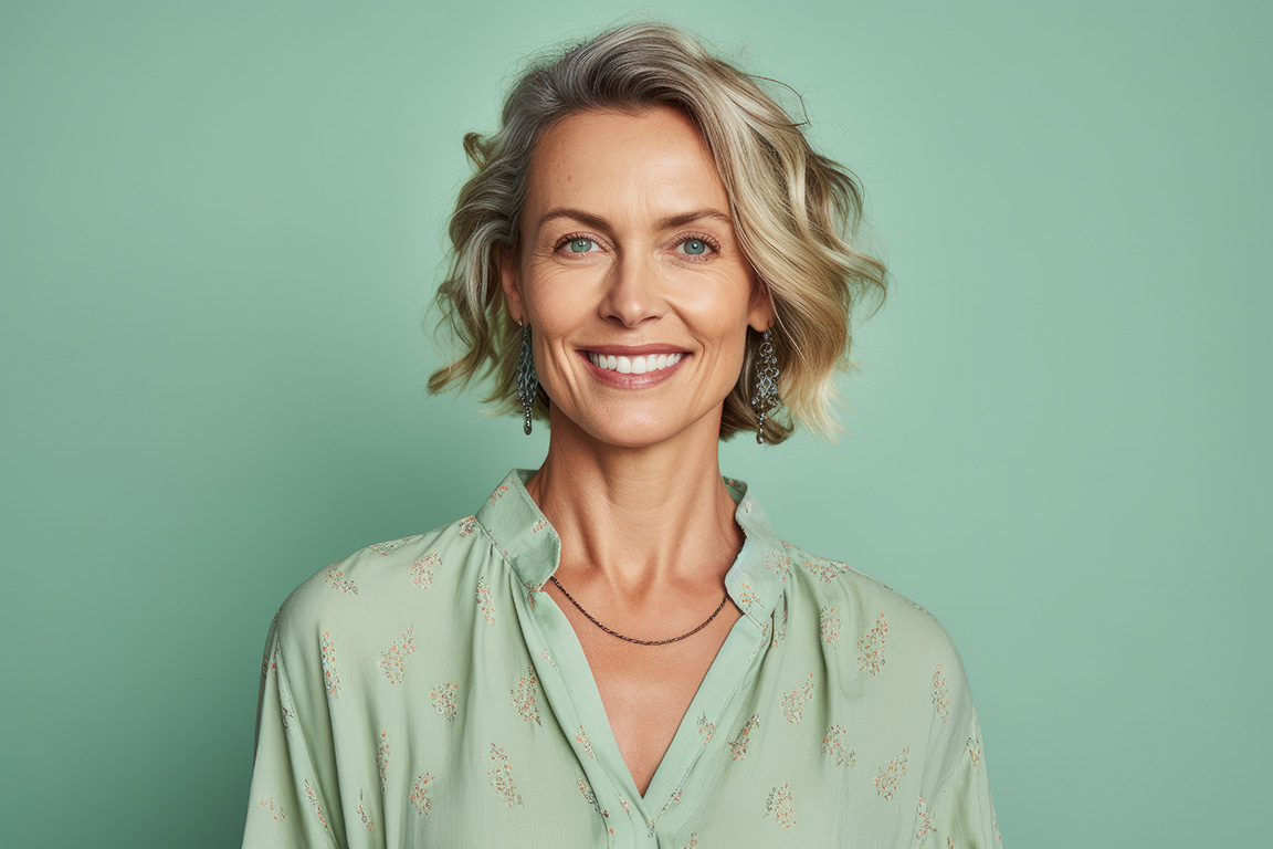stylish-middle-aged-woman-smiling-against-green-background